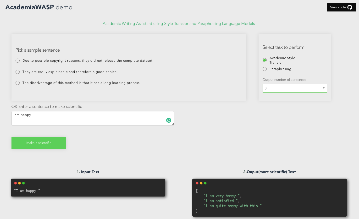 screenshot of our writingassistant